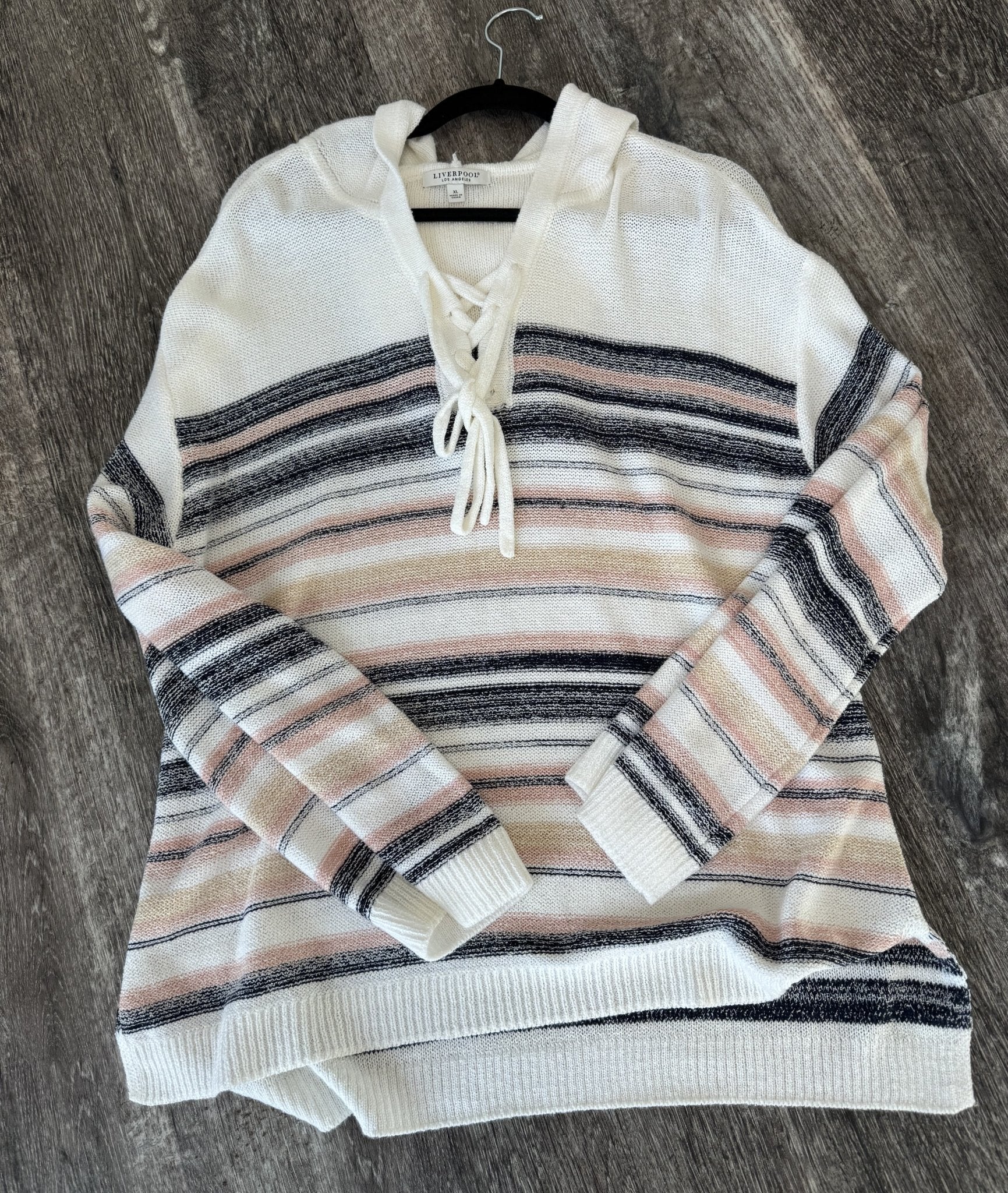 LIverpool Cream Navy and Pink combo Sweater with Hood - The Bronze Butterfly