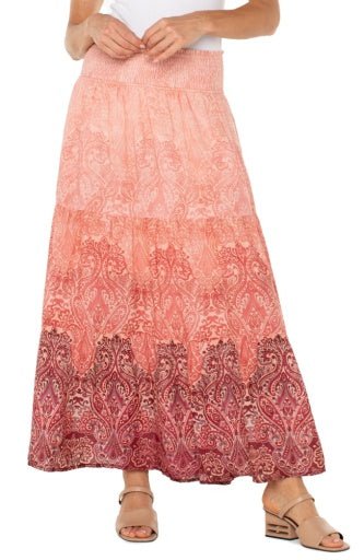 Liverpool Tiered Woven Maxi Skirt with Smocked Waist Mauve Ombre Paisley - The Bronze Butterfly