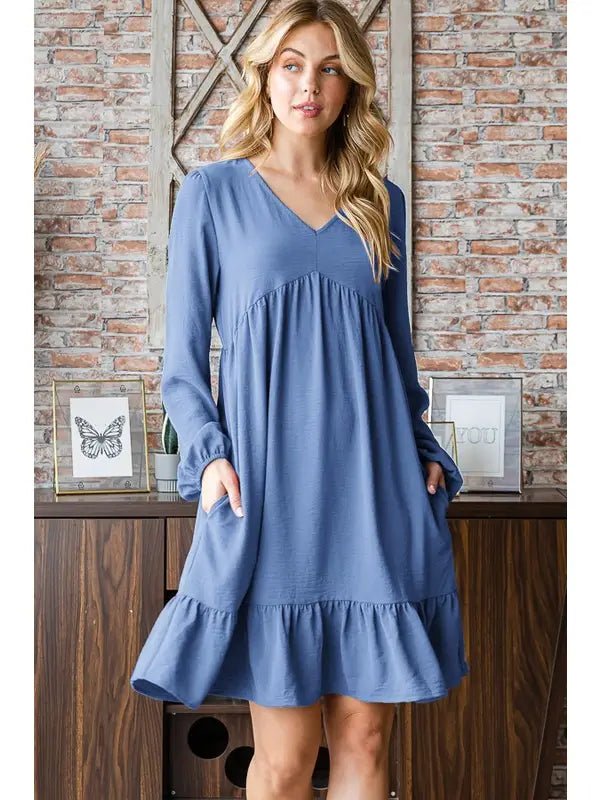 Long Puff Sleeve Solid Babydoll Mini Dress - The Bronze Butterfly