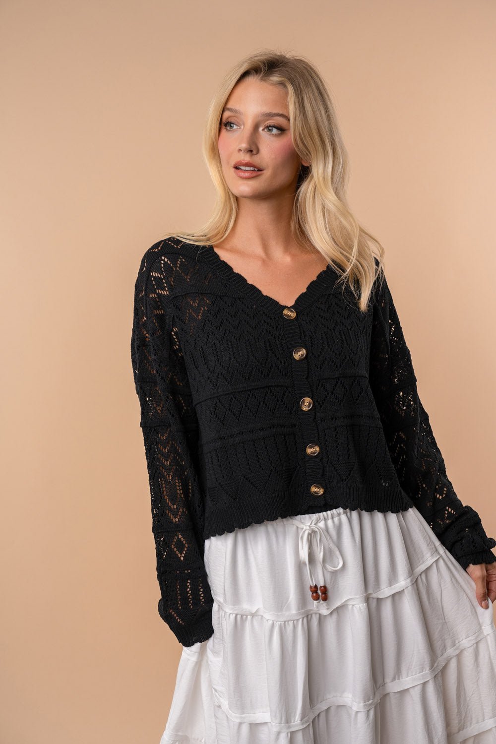 Long Sleeve Open Knit Cardigan - Black - The Bronze Butterfly