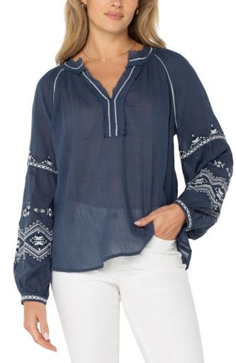 Long Sleeve Raglan Woven Blouse With Embroidery Liverpool - The Bronze Butterfly