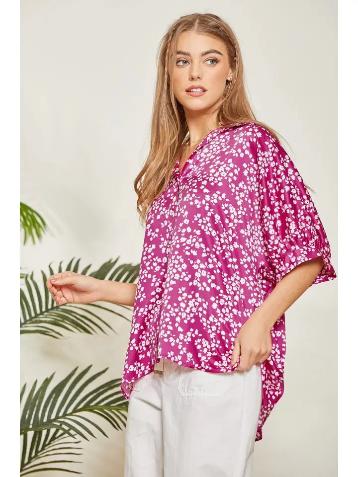 Magenta Floral Print Blouse with drop puff sleeve. - The Bronze Butterfly