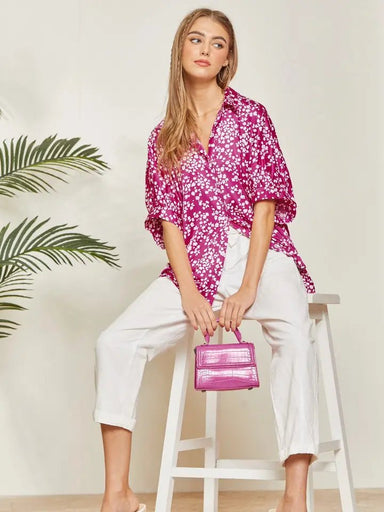 Magenta Floral Print Blouse with drop puff sleeve. - The Bronze Butterfly