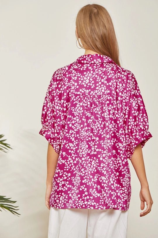 Magenta Floral Print Blouse with drop puff sleeve. - The Bronze Butterfly