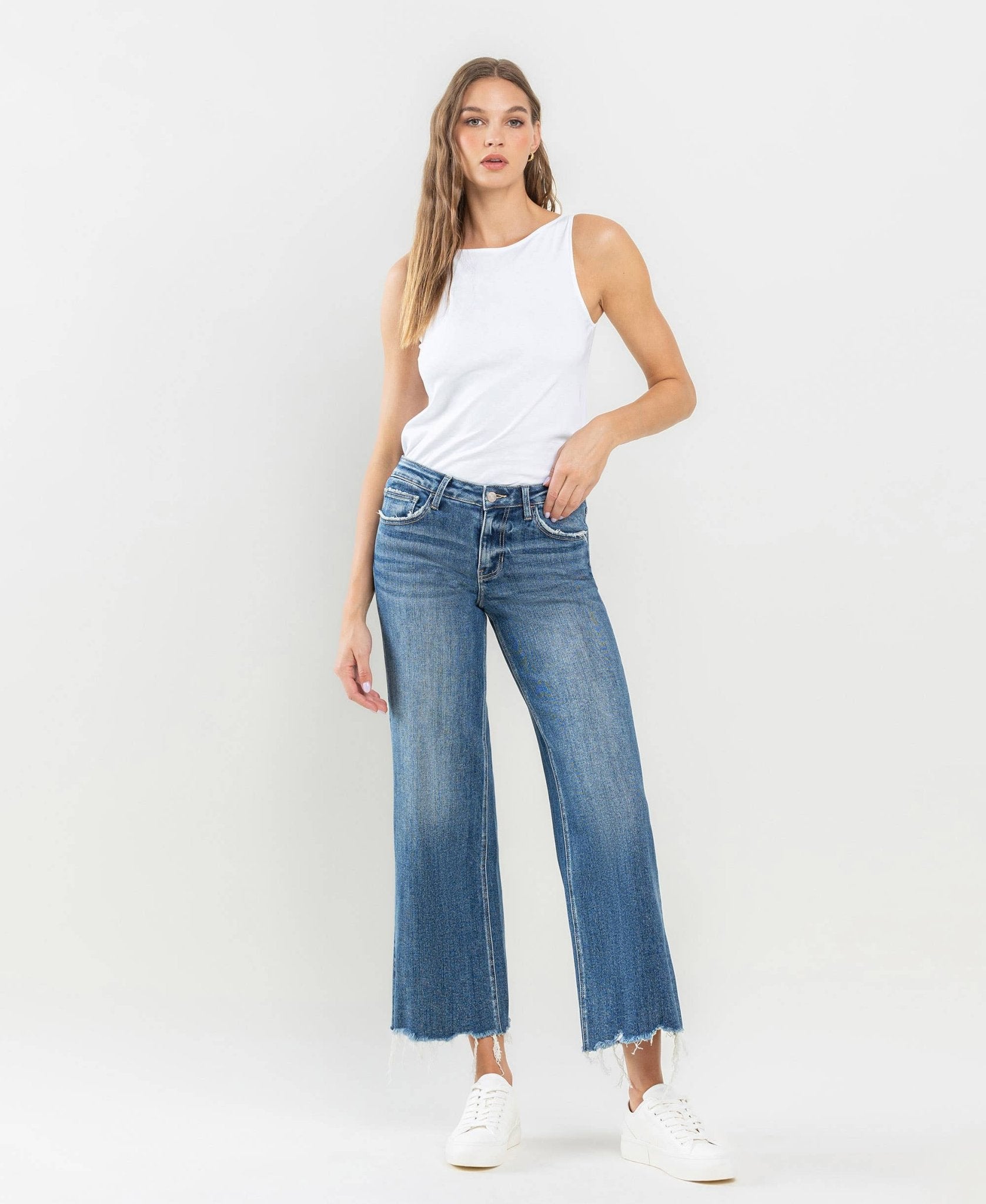 MID RISE RAW HEM WIDE LEG JEANS - The Bronze Butterfly