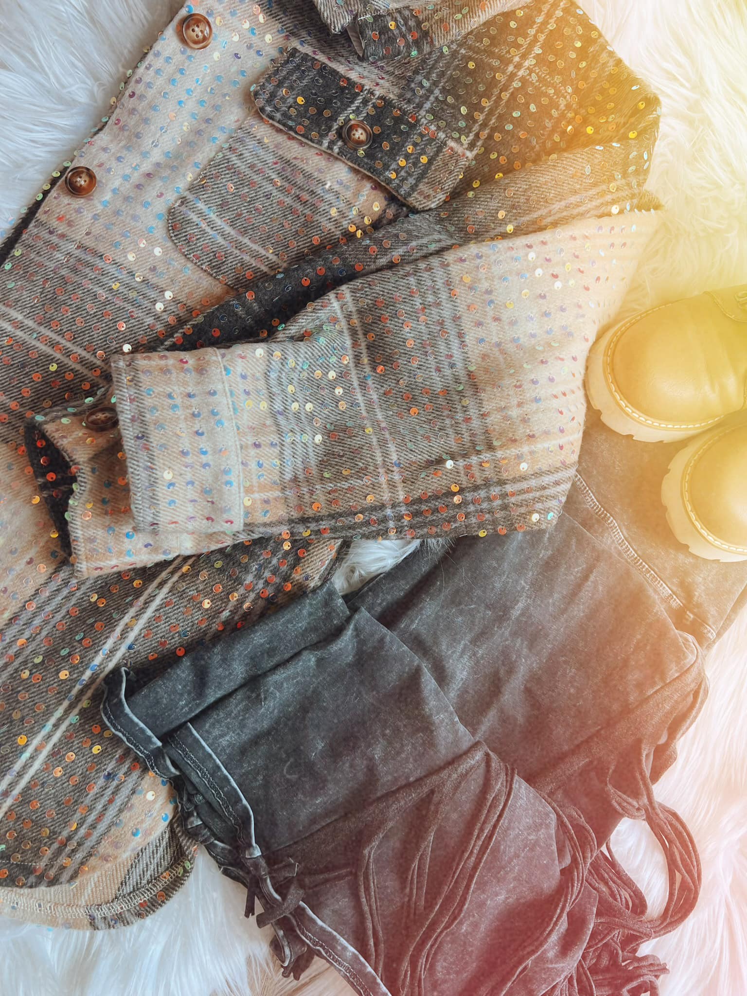 Mocha Sequin Plaid Shacket - The Bronze Butterfly