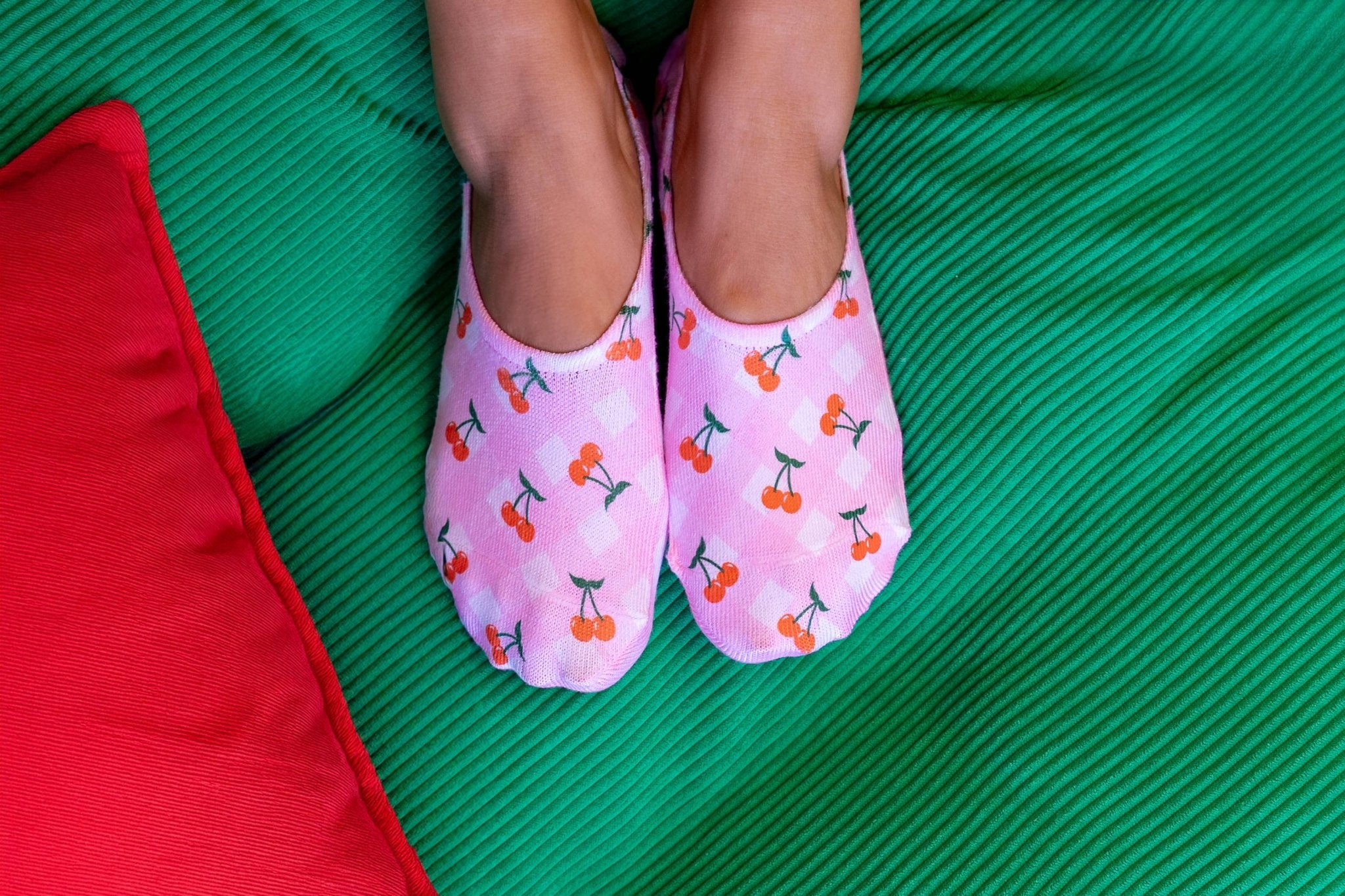 No - Show Liner Socks - Checkered Pattern w/ Cherries - Pink - The Bronze Butterfly