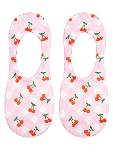 No - Show Liner Socks - Checkered Pattern w/ Cherries - Pink - The Bronze Butterfly