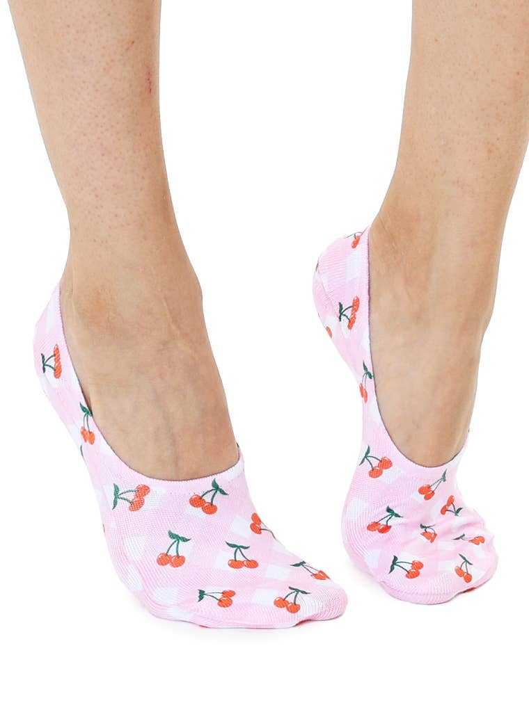 No - Show Liner Socks - Checkered Pattern w/ Cherries - Pink - The Bronze Butterfly