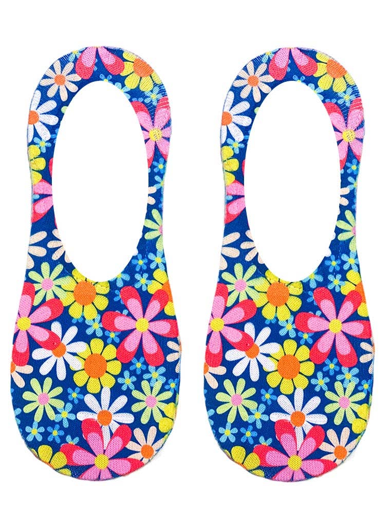 No - Show Liner Socks - Retro Flower Print - Blue - The Bronze Butterfly