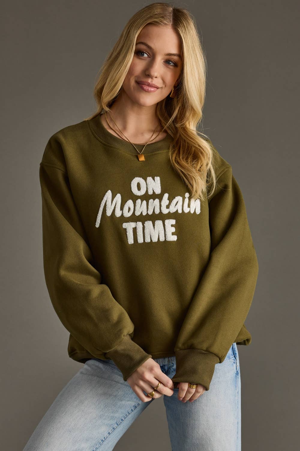 Olive On Mountain Time Sweatshirt - The Bronze Butterfly