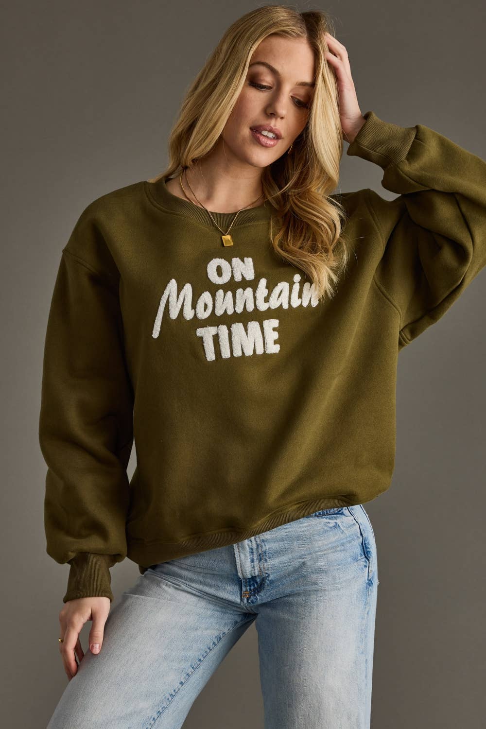 Olive On Mountain Time Sweatshirt - The Bronze Butterfly