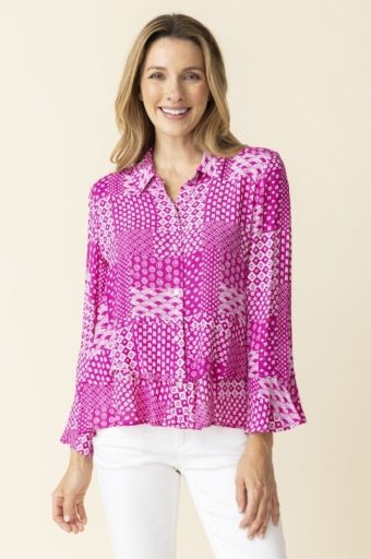 Patchwork Print Flounce Shirt in Fuchsia Habitat - The Bronze Butterfly