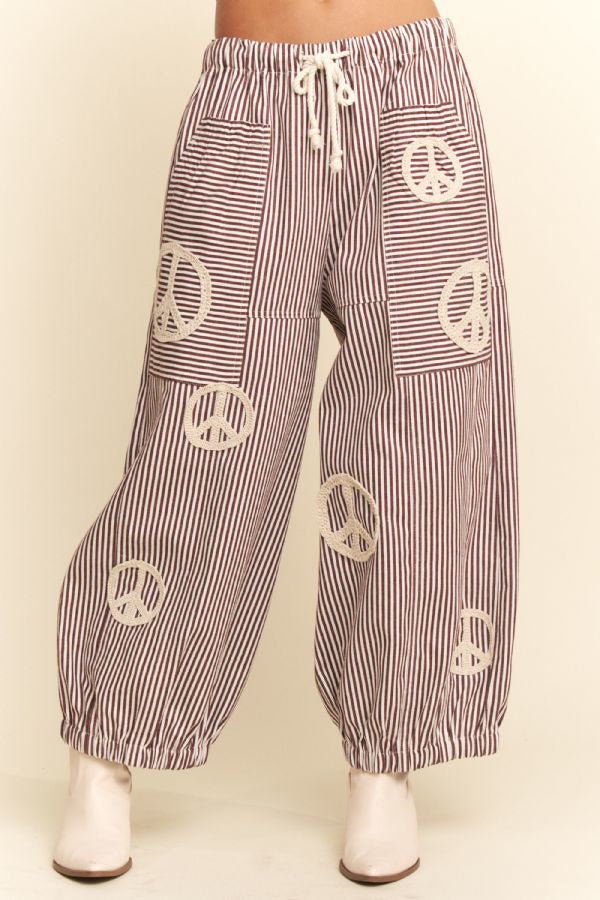 Peace Sign Applique Striped Balloon Pants - The Bronze Butterfly
