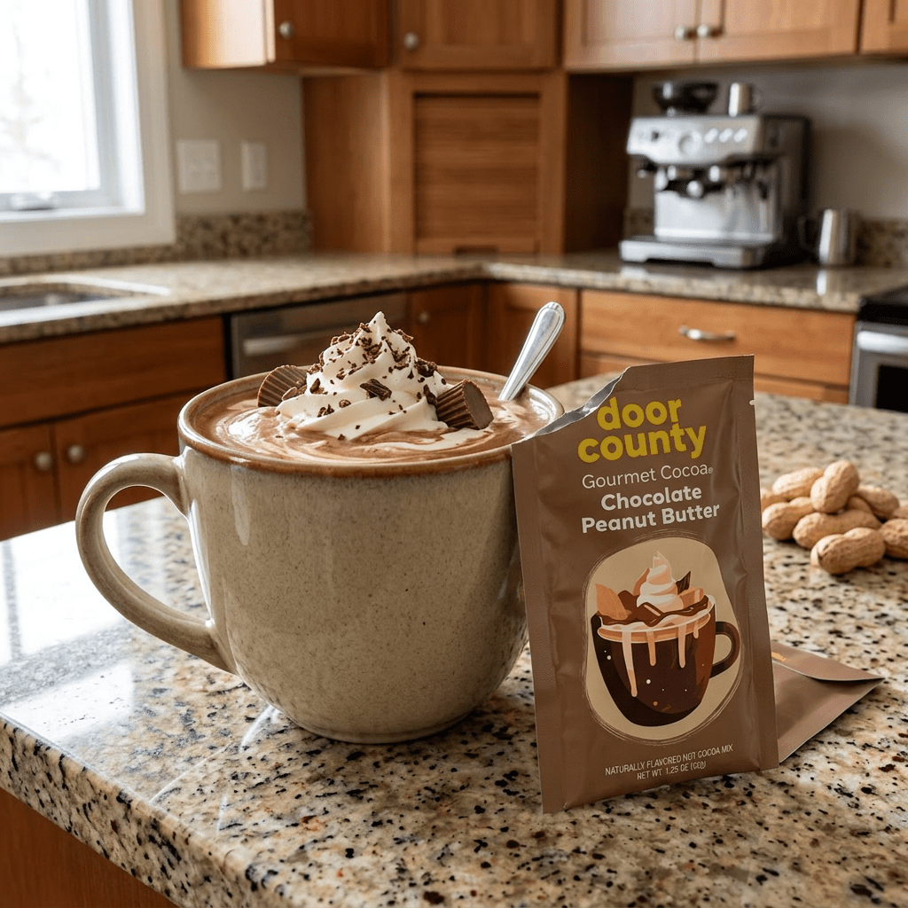 Peanut Butter Hot Cocoa One-Mug Packet | Door County Coffee - The Bronze Butterfly