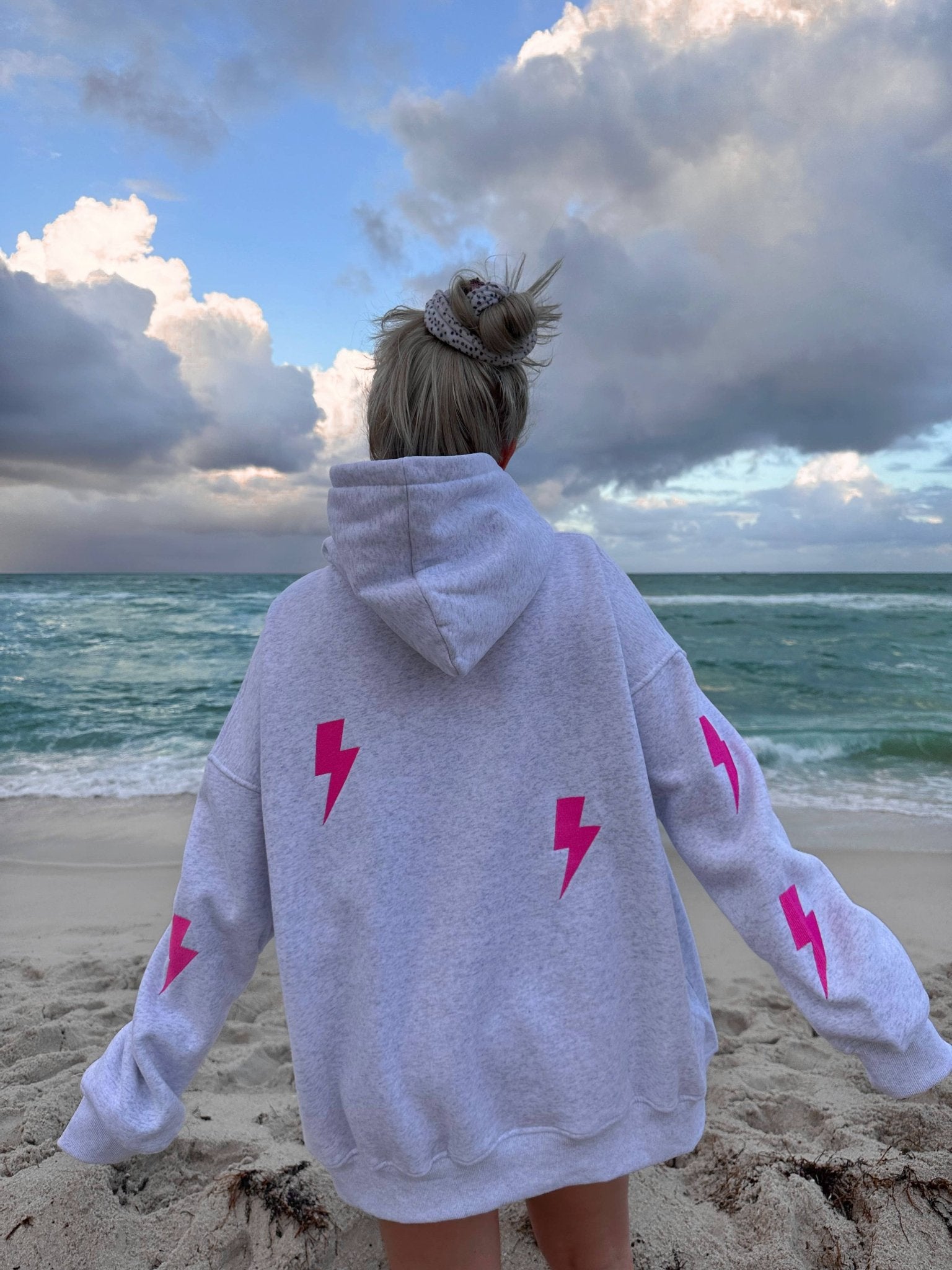 Pearl Grey Embroider Lightning Bolt Hoodie by Sunkissed Coconut - The Bronze Butterfly