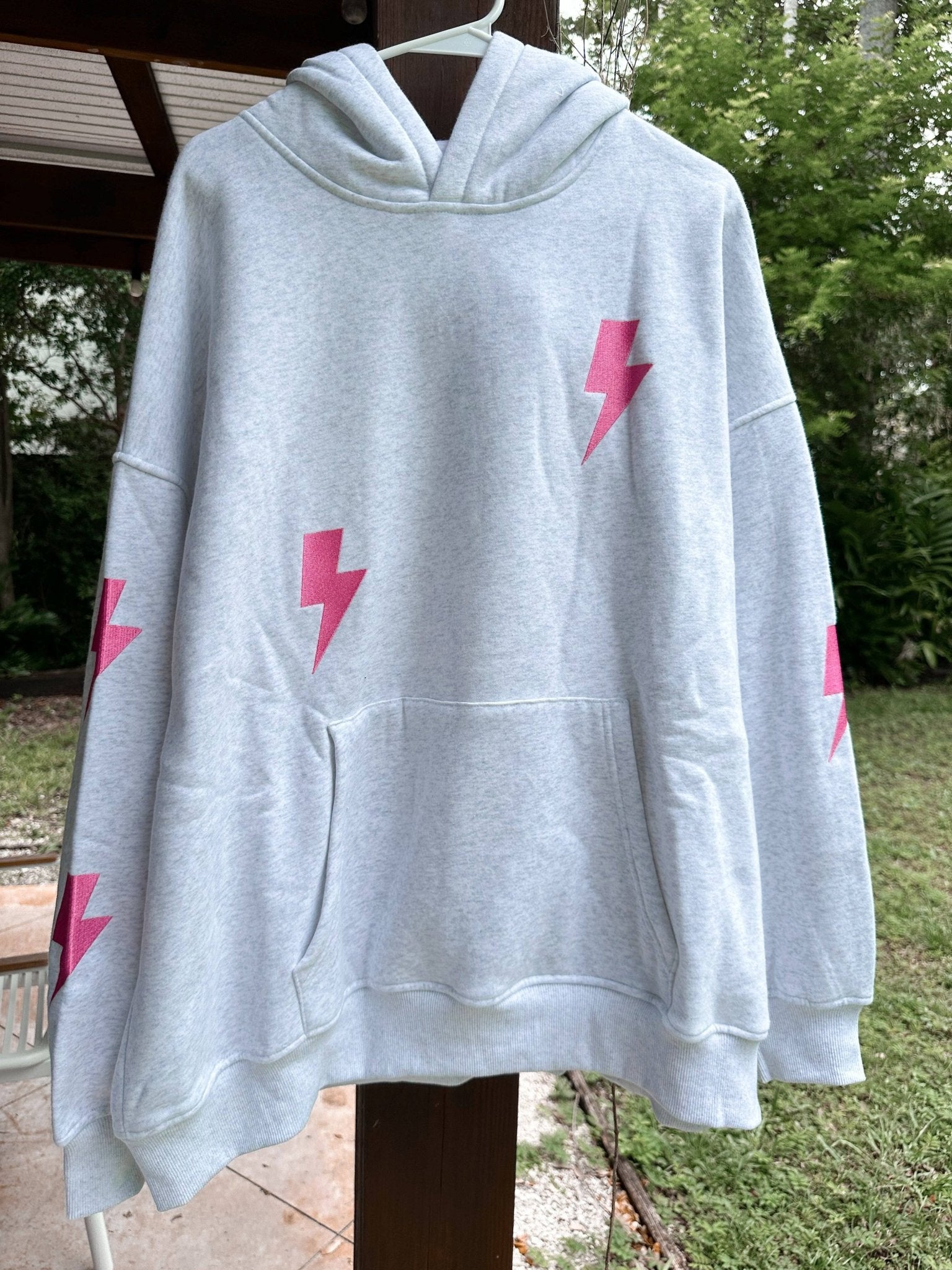 Pearl Grey Embroider Lightning Bolt Hoodie by Sunkissed Coconut - The Bronze Butterfly
