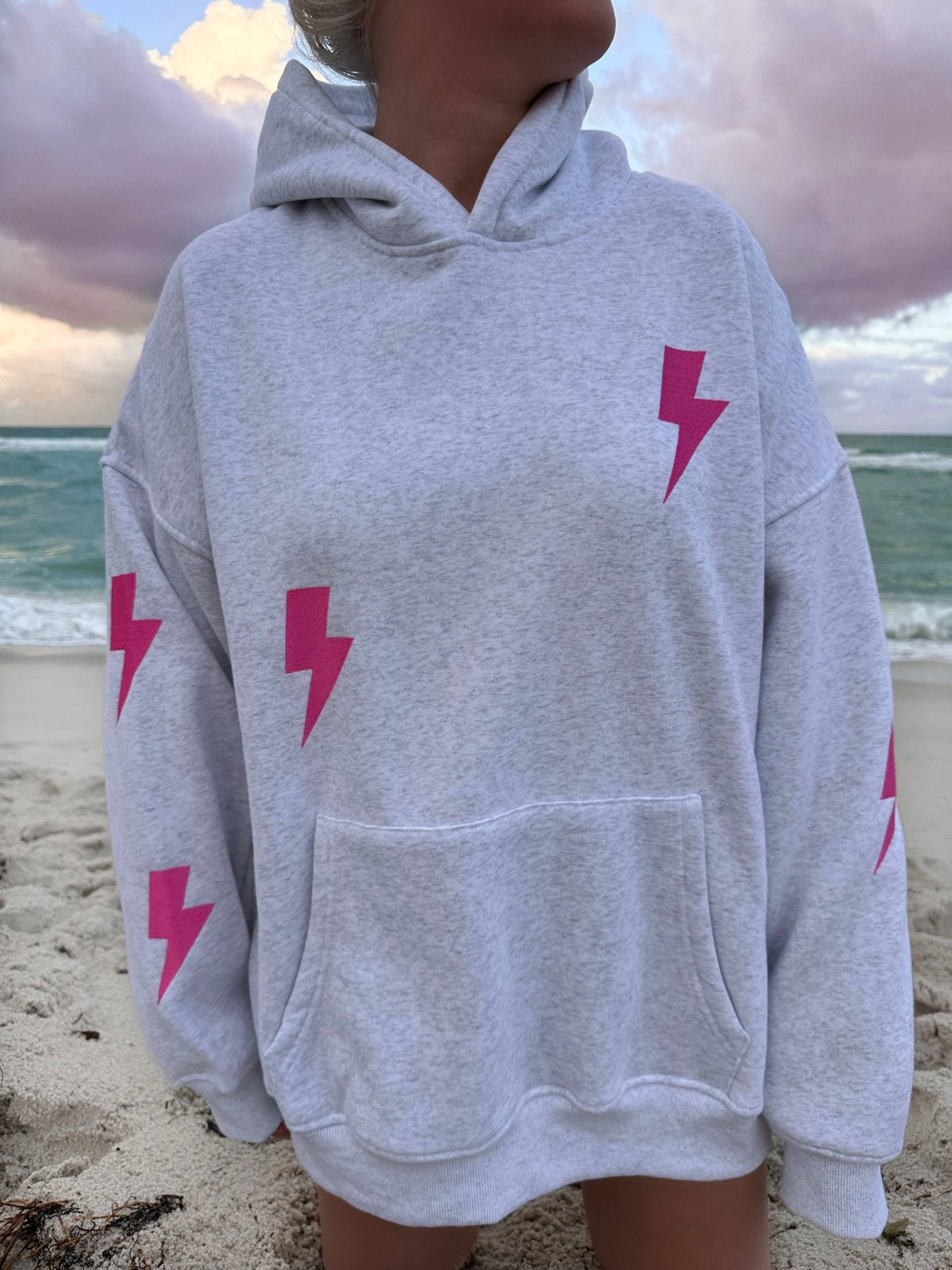 Pearl Grey Embroider Lightning Bolt Hoodie by Sunkissed Coconut - The Bronze Butterfly