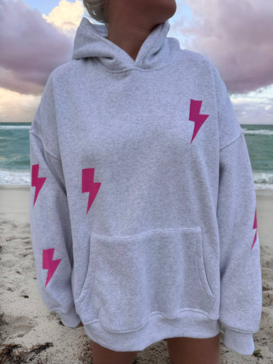 Pearl Grey Embroider Lightning Bolt Hoodie by Sunkissed Coconut - The Bronze Butterfly