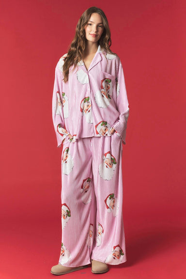 Pink Santa Print Plissé Pajama Set - The Bronze Butterfly