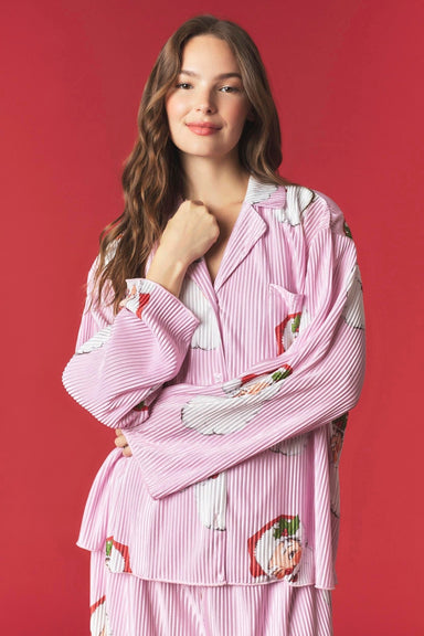 Pink Santa Print Plissé Pajama Set - The Bronze Butterfly