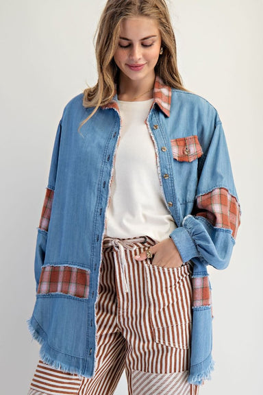 PLAID CHAMBRAY BUTTON DOWN SHIRT - The Bronze Butterfly