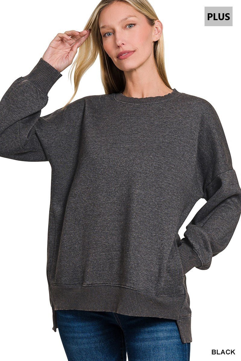 Plus Acid Wash Fleece Hi - Low Hem Pullover - The Bronze Butterfly