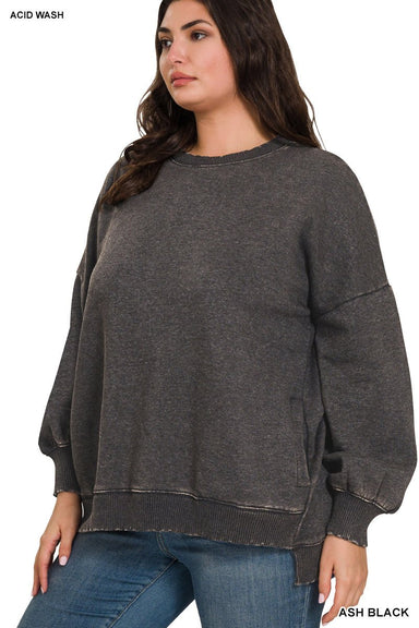 Plus Acid Wash Fleece Hi - Low Hem Pullover - The Bronze Butterfly