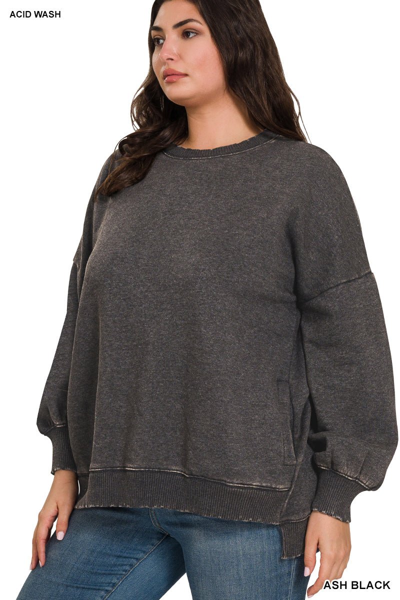 Plus Acid Wash Fleece Hi - Low Hem Pullover - The Bronze Butterfly