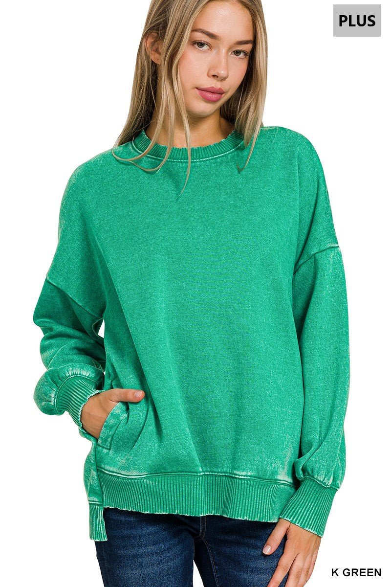 Plus Acid Wash Fleece Hi - Low Hem Pullover - The Bronze Butterfly