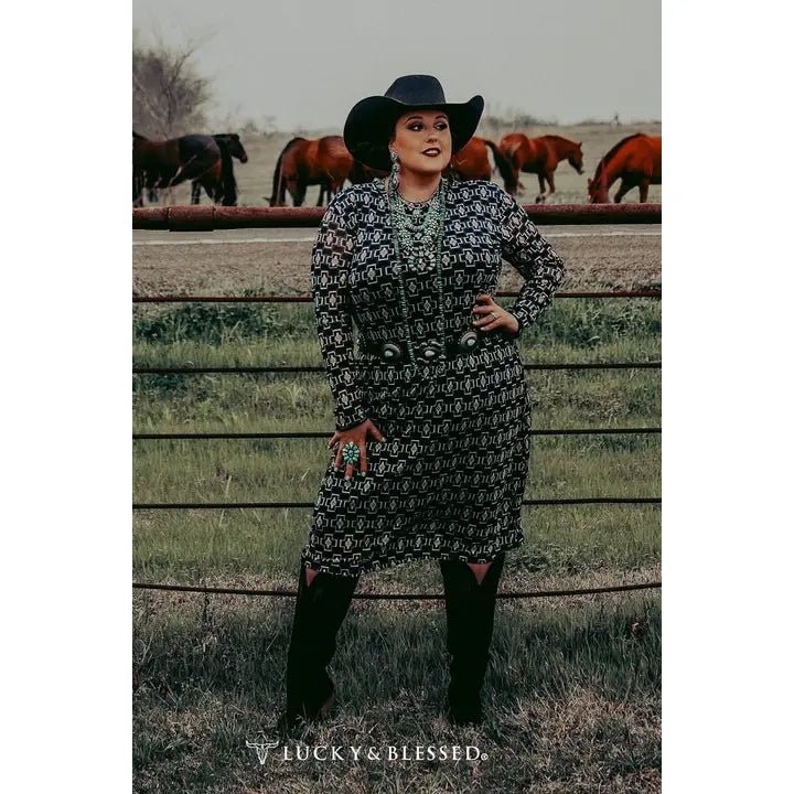 Plus Size Black Aztec Mesh Long Sleeve Lined Dress - The Bronze Butterfly