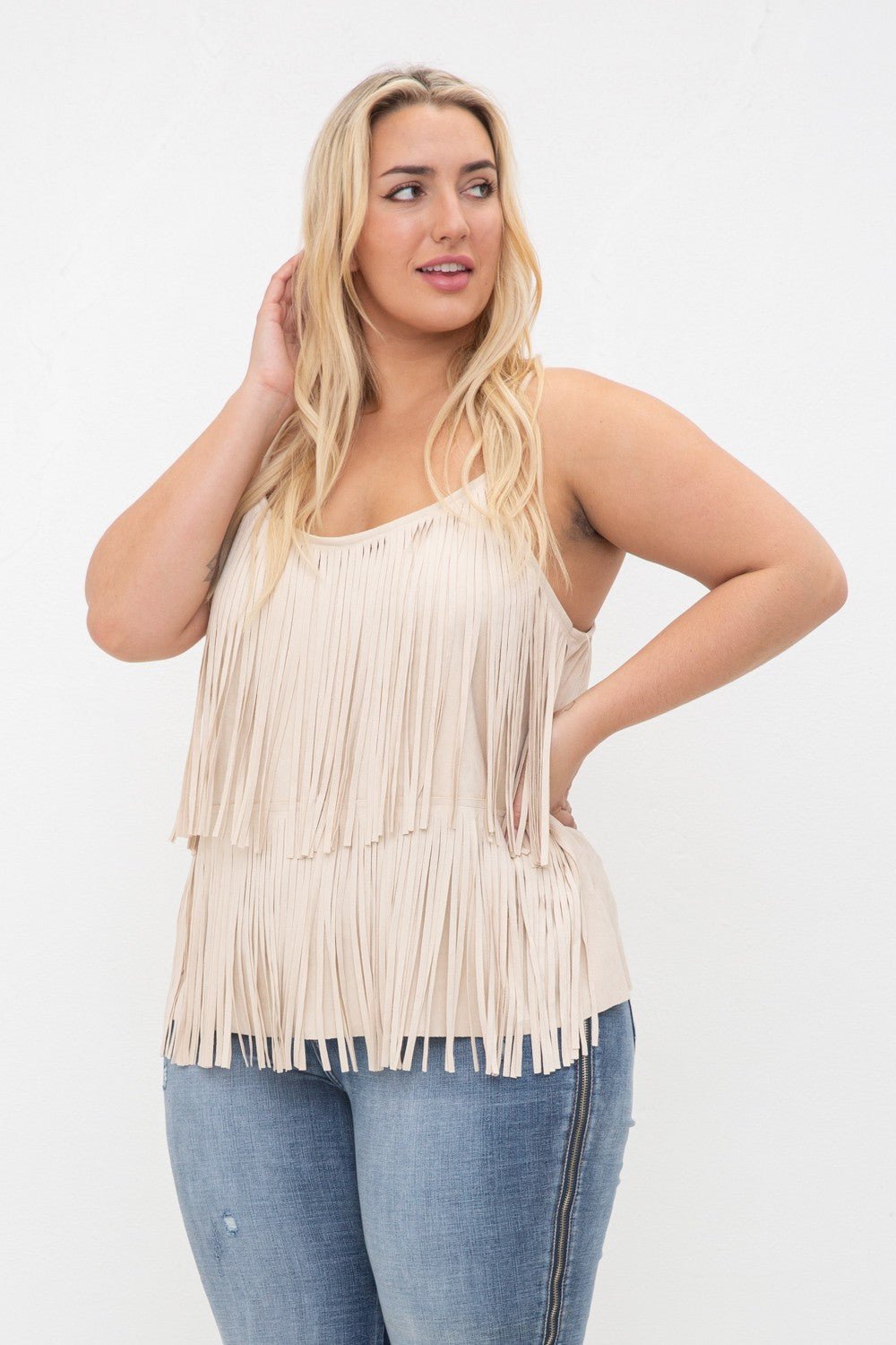 Plus Size Tiered Fringe Camisole in Natural | Vocal Apparel - The Bronze Butterfly