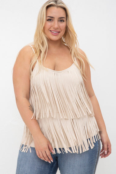 Plus Size Tiered Fringe Camisole in Natural | Vocal Apparel - The Bronze Butterfly