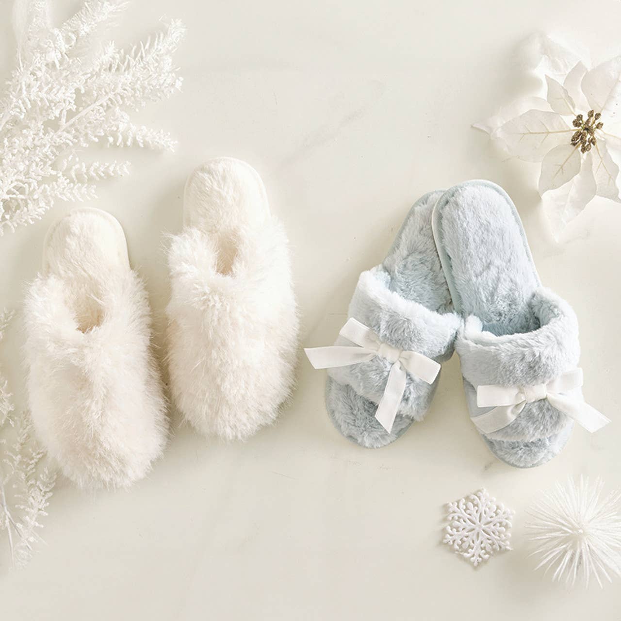 Plush Slippers - Spa Blue + Ivory Velvet - The Bronze Butterfly