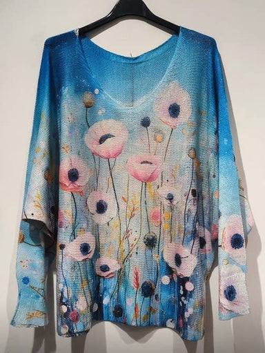 Popob Blue Poppy Floral Knit Printed Sweater - The Bronze Butterfly