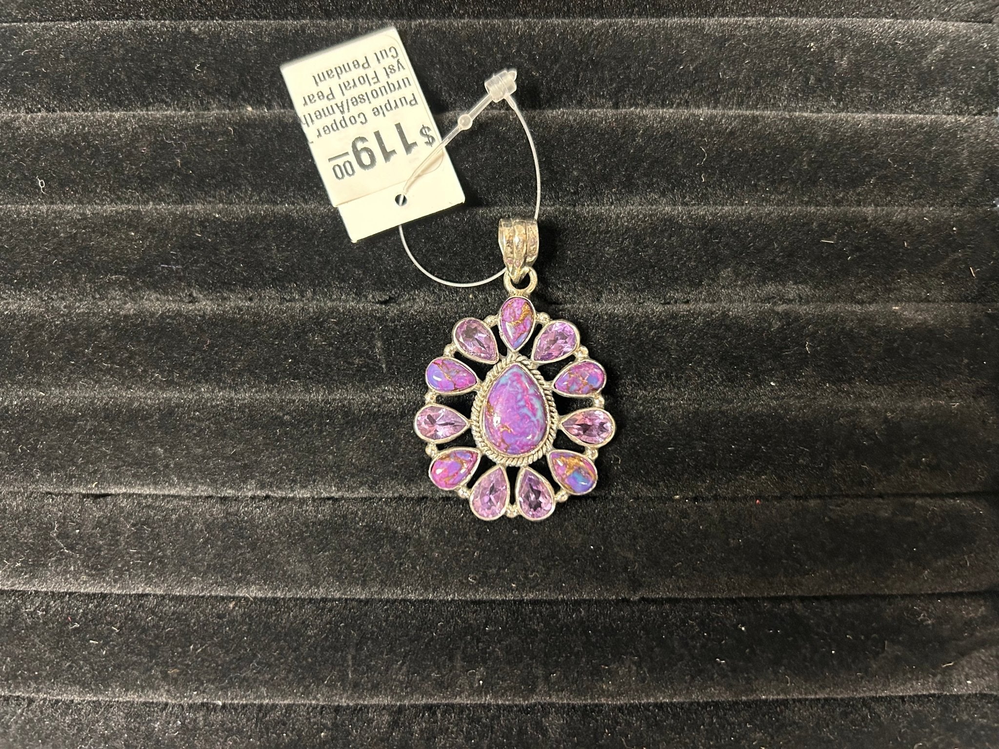 Purple Copper Turquoise/Amethyst Floral Pear Cut Pendant - The Bronze Butterfly