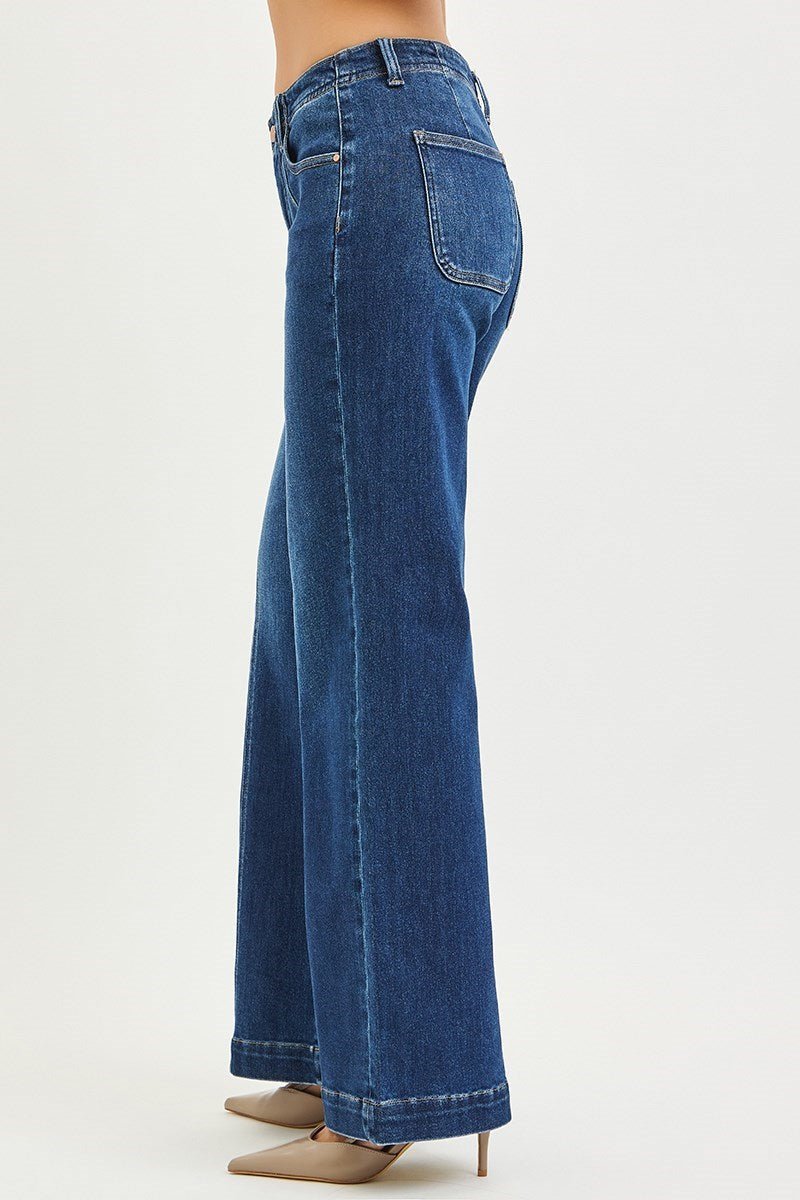 PW21507X - Mid Rise Wide Leg Jeans with Front Seam Detail - The Bronze Butterfly
