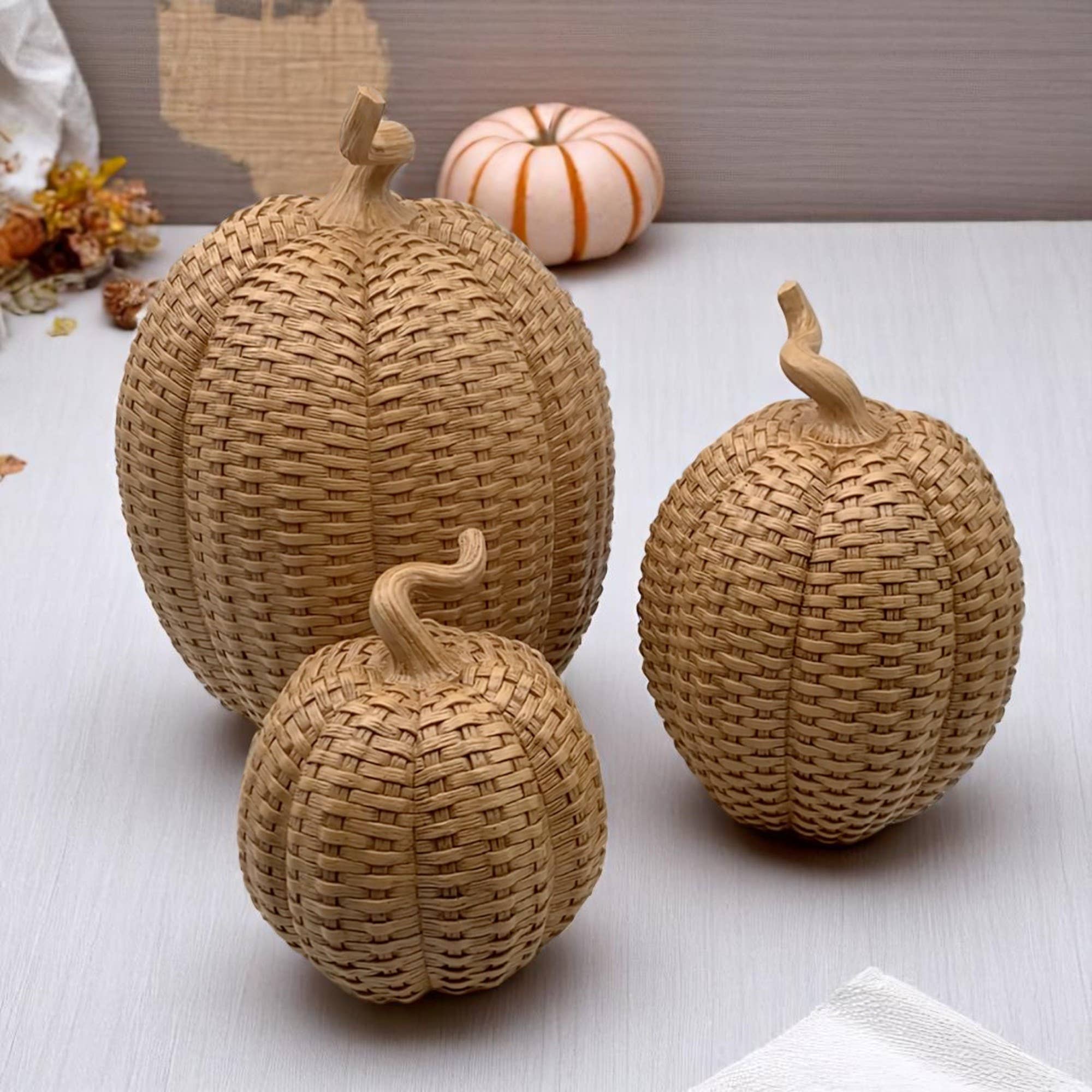 Rattan Pumpkins, Neutral Fall Home Decor Handmade Resin - The Bronze Butterfly