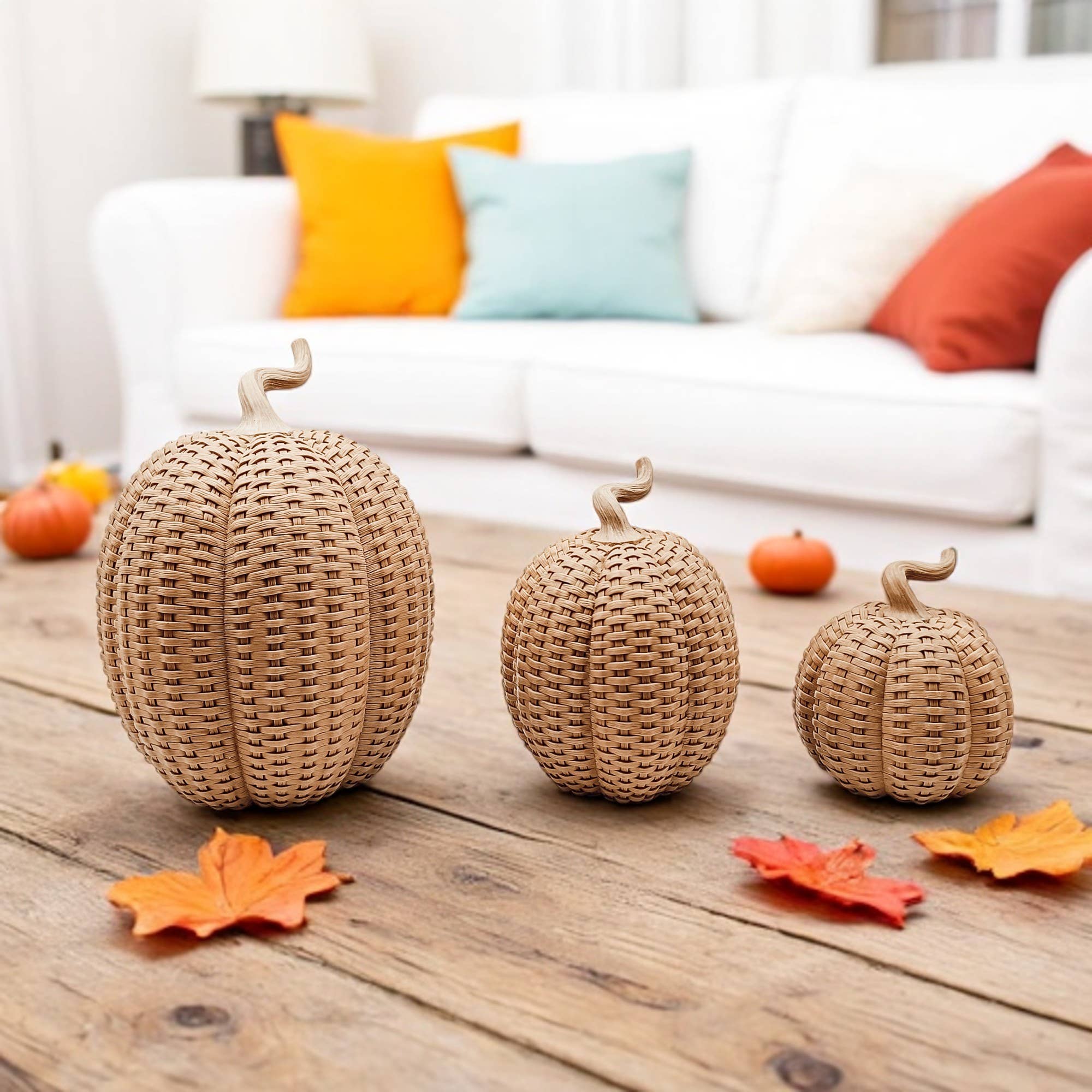 Rattan Pumpkins, Neutral Fall Home Decor Handmade Resin - The Bronze Butterfly