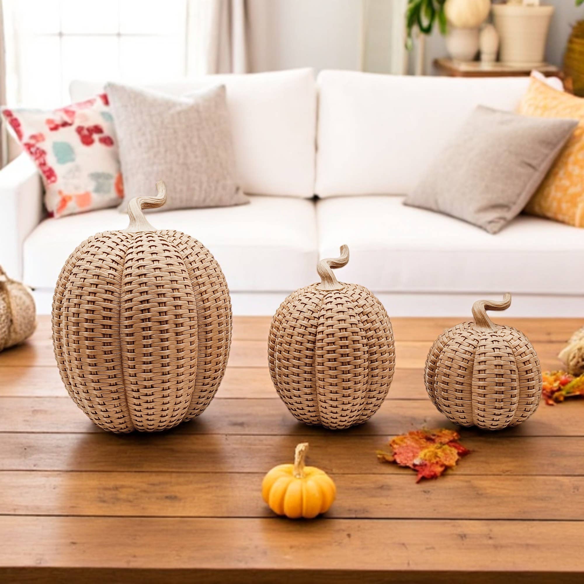 Rattan Pumpkins, Neutral Fall Home Decor Handmade Resin - The Bronze Butterfly