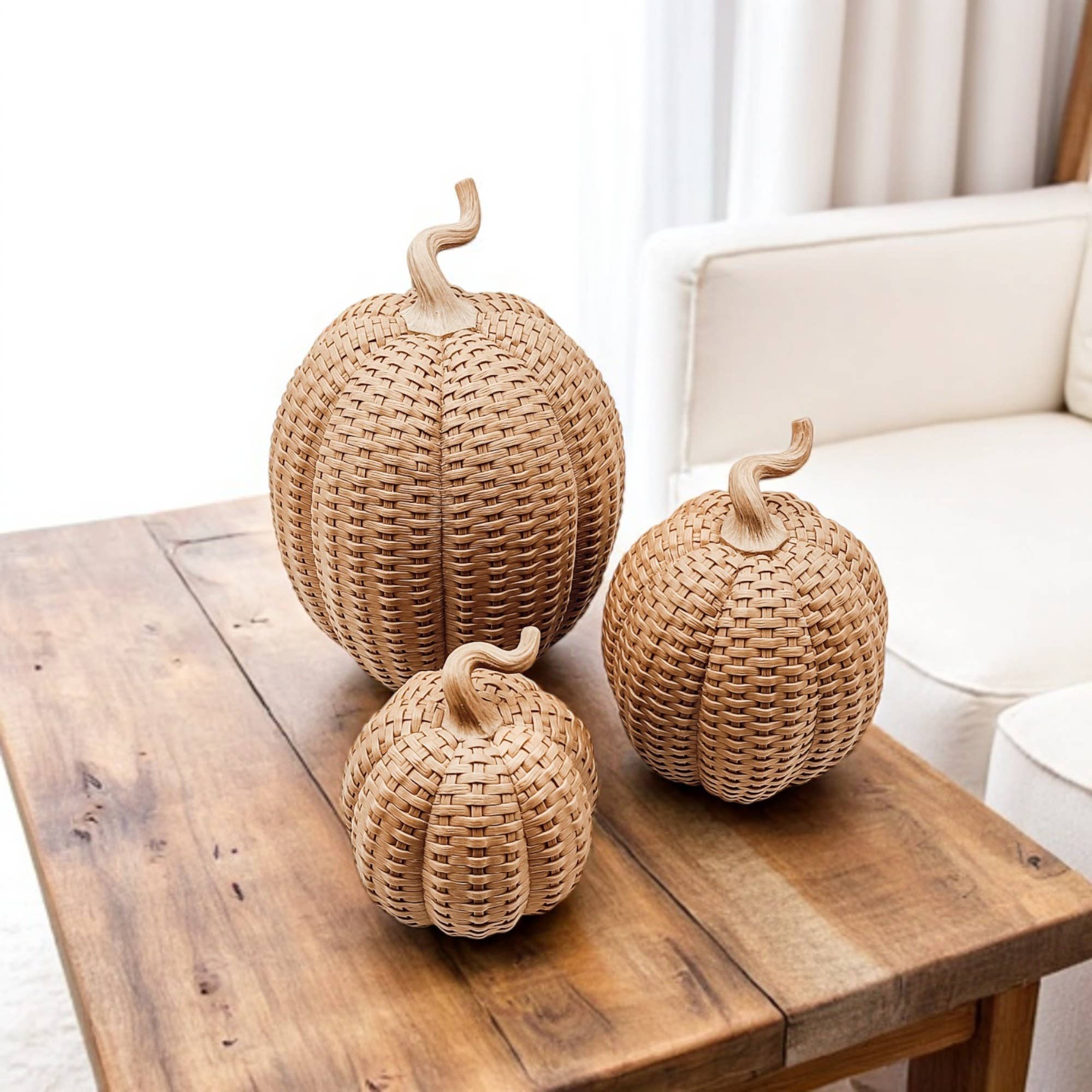 Rattan Pumpkins, Neutral Fall Home Decor Handmade Resin - The Bronze Butterfly