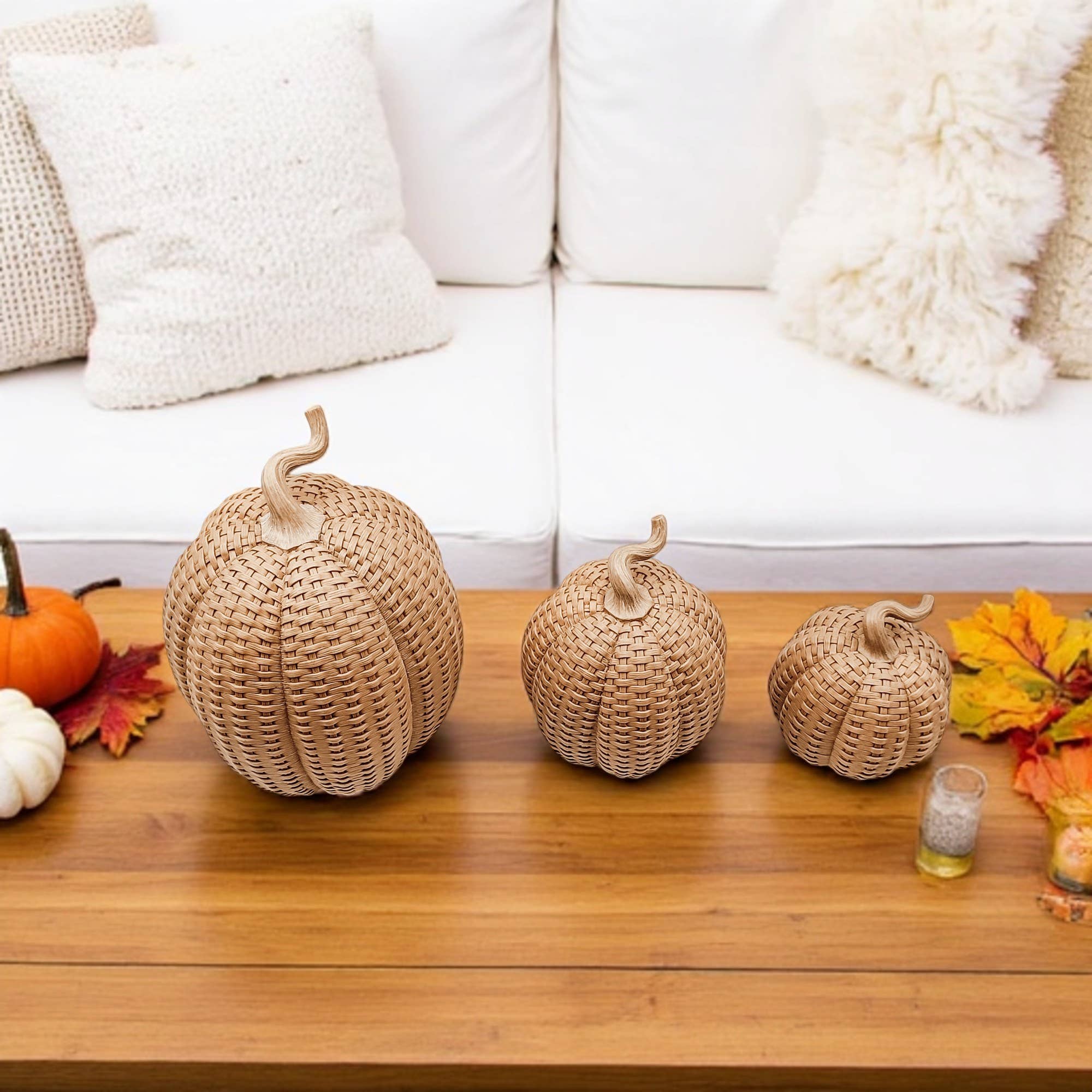 Rattan Pumpkins, Neutral Fall Home Decor Handmade Resin - The Bronze Butterfly