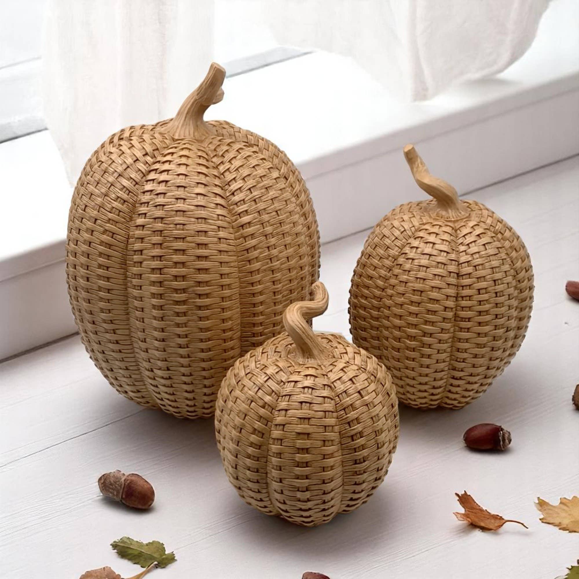 Rattan Pumpkins, Neutral Fall Home Decor Handmade Resin - The Bronze Butterfly
