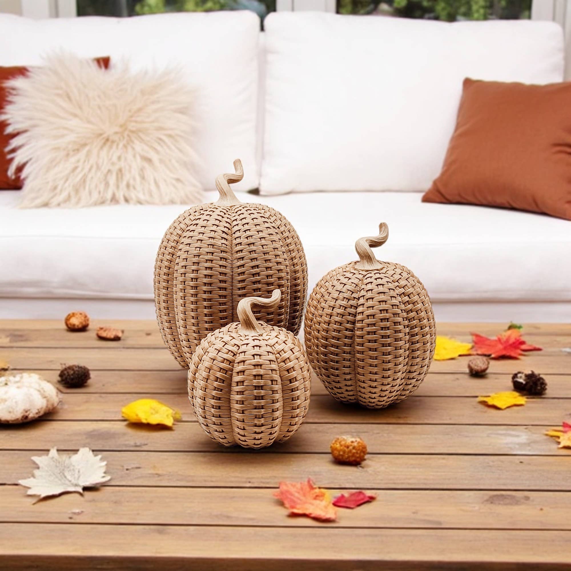Rattan Pumpkins, Neutral Fall Home Decor Handmade Resin - The Bronze Butterfly