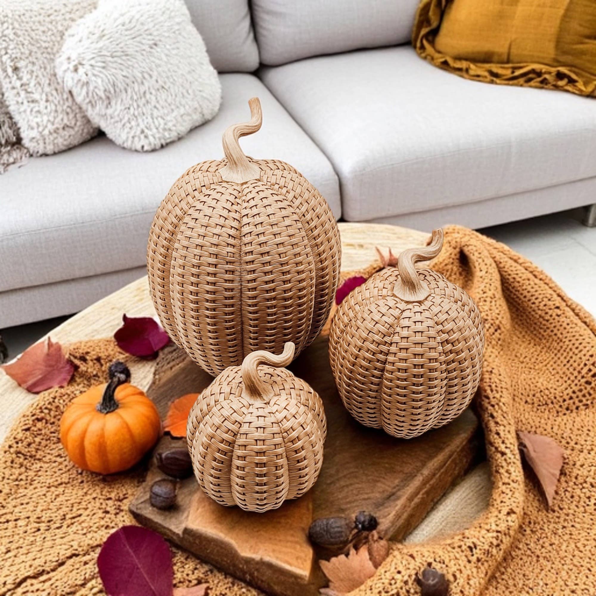 Rattan Pumpkins, Neutral Fall Home Decor Handmade Resin - The Bronze Butterfly