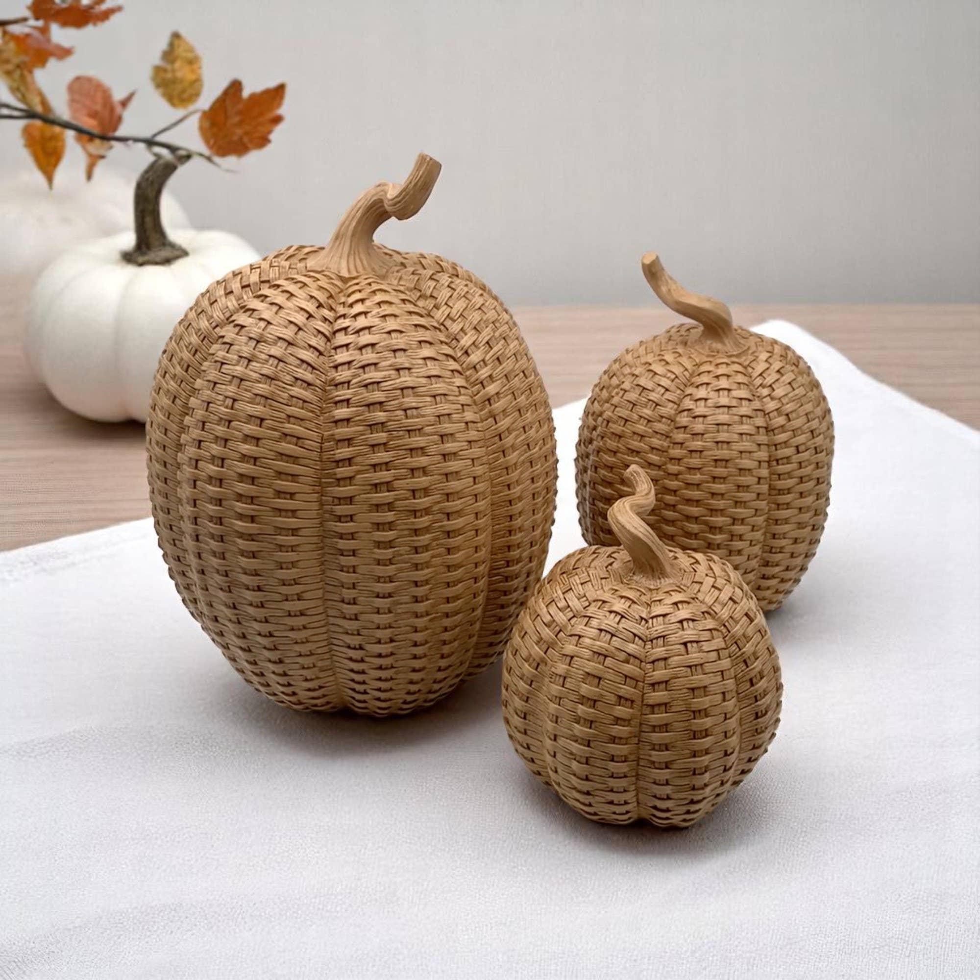Rattan Pumpkins, Neutral Fall Home Decor Handmade Resin - The Bronze Butterfly