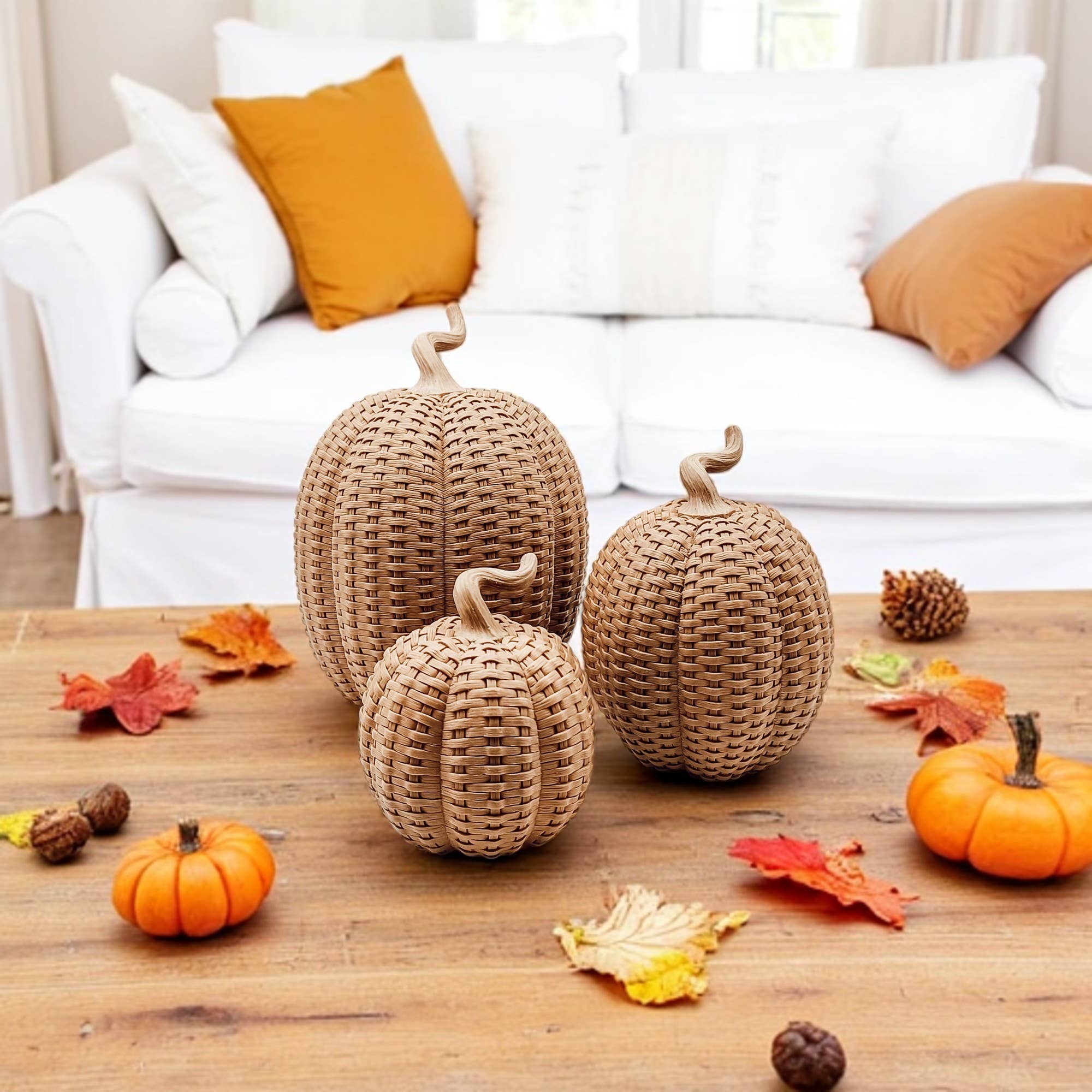 Rattan Pumpkins, Neutral Fall Home Decor Handmade Resin - The Bronze Butterfly