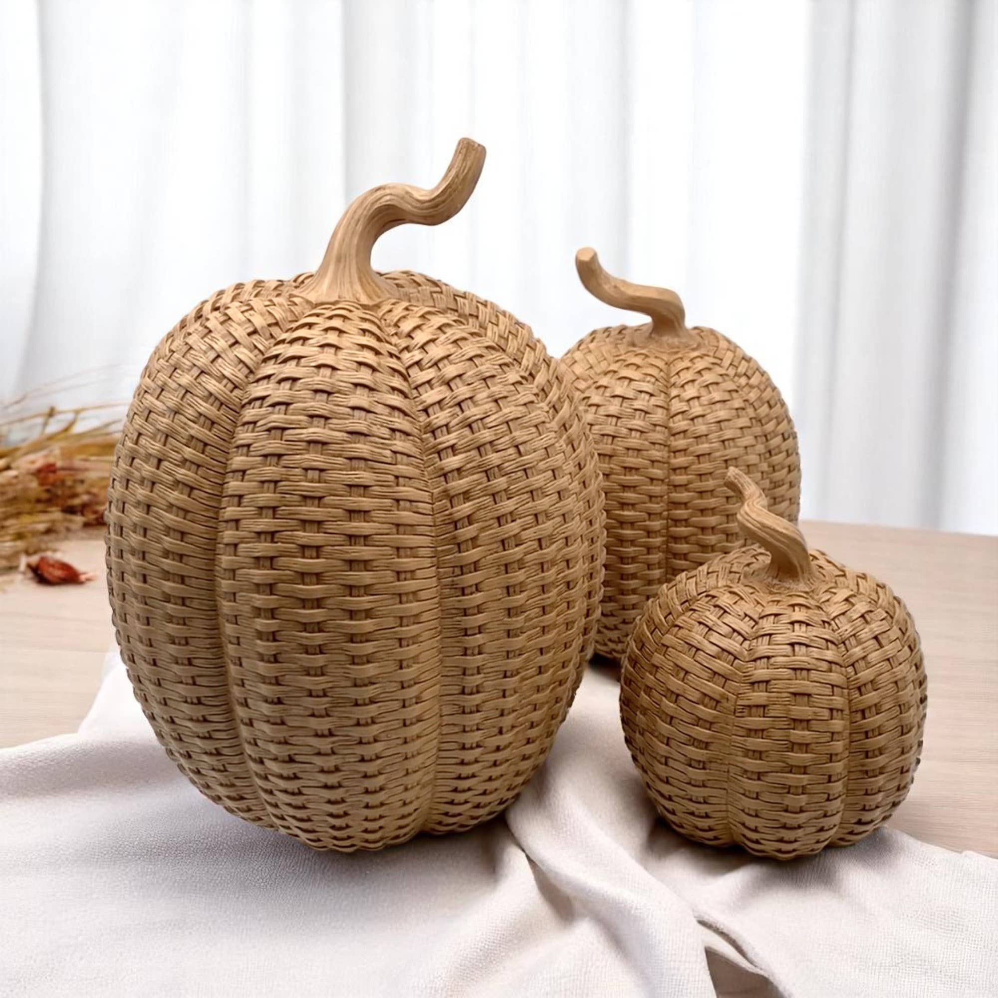 Rattan Pumpkins, Neutral Fall Home Decor Handmade Resin - The Bronze Butterfly