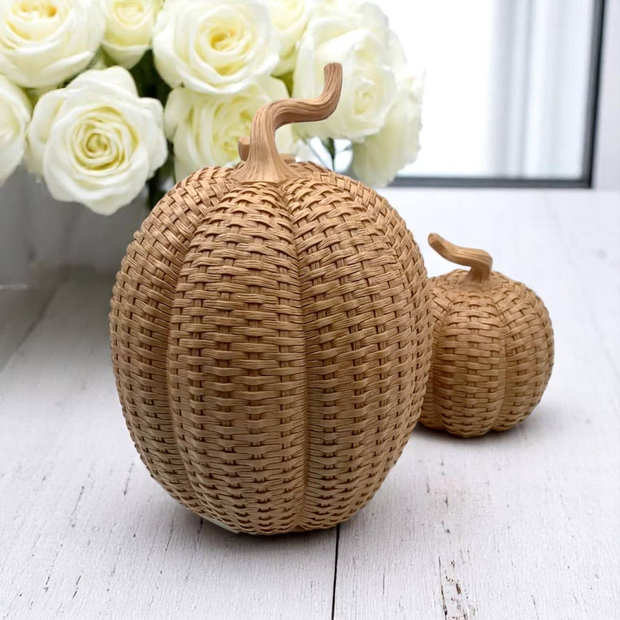 Rattan Pumpkins, Neutral Fall Home Decor Handmade Resin - The Bronze Butterfly