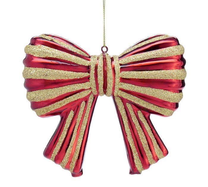 RED BOW WITH GOLD GLITTER ORNAMENT - The Bronze Butterfly